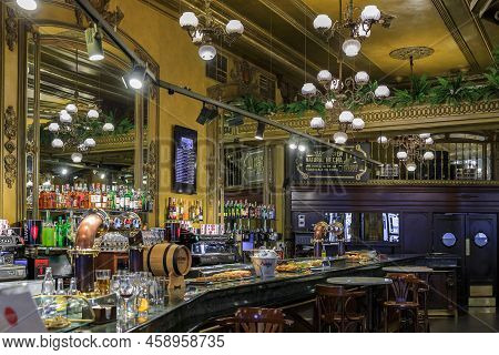 Pamplona, Spain - June 21, 2021: Ornate Interior Of Historic Coffee Shop Iruna Frequented By Ernest 