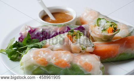 Vietnamese Spring Rolls Goi Cuon Or Nem Cuon,  Filled With Prawns, Herbs, Rice Vermicelli And Vegeta