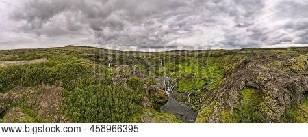 Drone View At The Waterfalls Of Gjain In Iceland