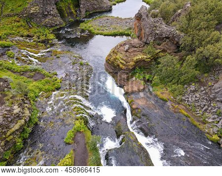 Drone View At The Waterfalls Of Gjain In Iceland