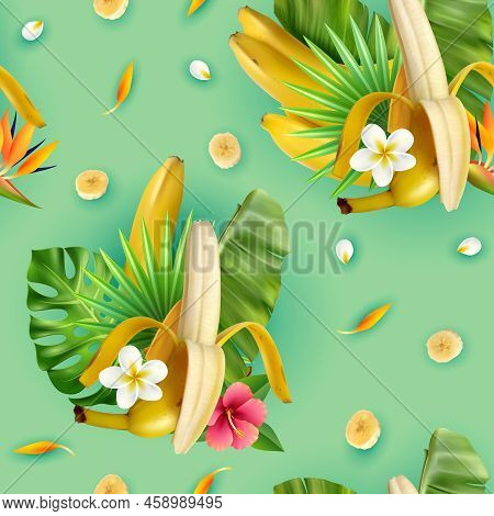 Realistic Banana Pattern With Compositions Of Banana Fruit Tropical Leavrs Flowers And Slices With T