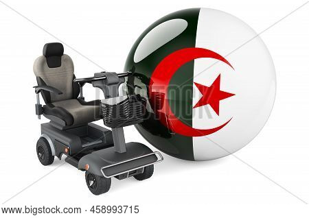 Algerian Flag With Indoor Powerchair Or Electric Wheelchair, 3d Rendering Isolated On White Backgrou