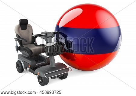 Armenian Flag With Indoor Powerchair Or Electric Wheelchair, 3d Rendering Isolated On White Backgrou