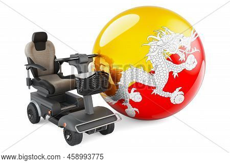Bhutanese Flag With Indoor Powerchair Or Electric Wheelchair, 3d Rendering Isolated On White Backgro
