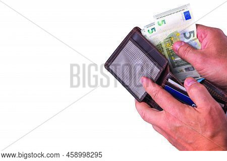 Close Up View Of Man's Hands Taking Out Euro Banknotes From Purse Isolated On White Background.