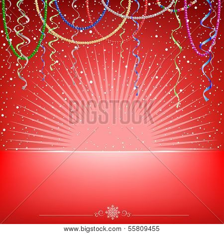 Christmas red card snow light ribbons and beads