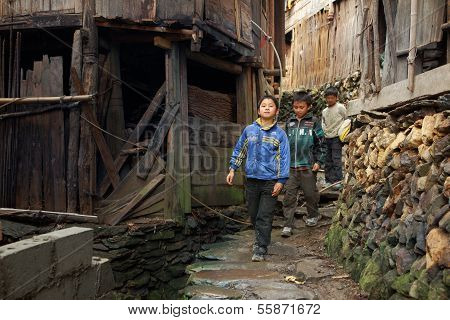 Asian Rural, Peasant, Farmer, Kids Teens Walk Around Chinese Village.