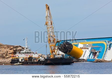 Giglio, Italy - April 28, 2012: Costa Concordia Cruise Ship At Italian Giglio Island Coastline After