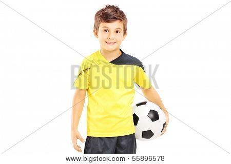 Kid in sportswear holding a soccer ball isolated on white background