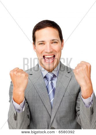 Lucky Businessman Punching The Air In Celebration