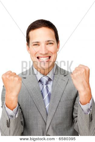 Charismatic Businessman Punching The Air In Celebration