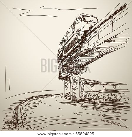 Sketch of monorail train. Hand drawn illustration