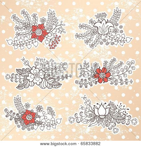 Vector Set With Vintage Flowers Composition.polka Dot Background