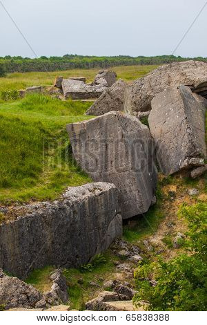 Old Broken German Bunkers Of Atlantic Wall On Pointe-du-hoc. Western End Of The Omaha Beach Sector,