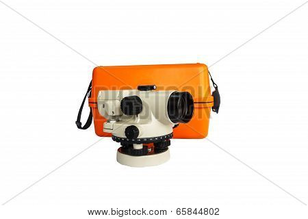 Surveyor's Telescope, Automatic Level , Surverying Instrument And Box Isolate On A White Background,