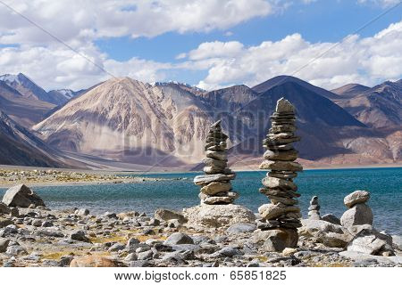Pangong Tso Mountain Lake Panorama With Buddhist Stupas In Forefront