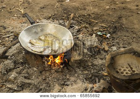 Fried Fish Cooking In Camp