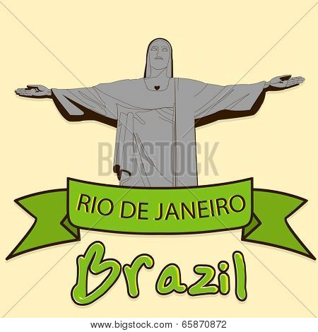 Brazil famous statue of Christ the Reedemer in Rio De Jenerio and green ribbon, stylish poster, banner or flyer design on yellow background. 