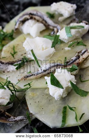 kohlrabi with anchovies and goats cheese