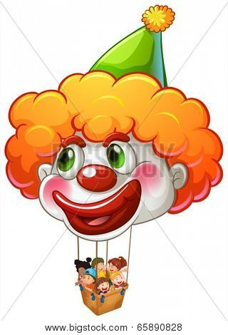 Illustration of a clown balloon carrying kids on a white background