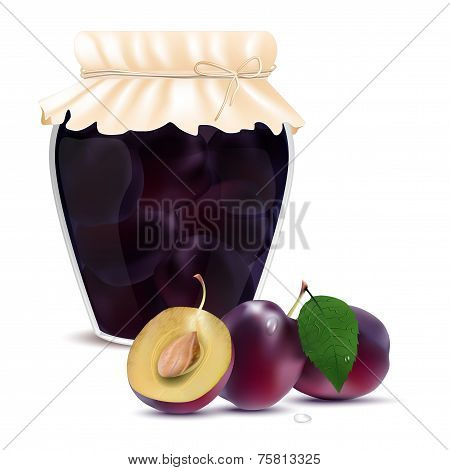 Plum Compote In A Jar And Fresh Plums