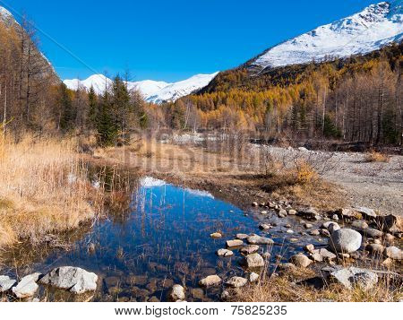 Small alpine mountain pond in fall - Val Ferret, Courmayer, Val d'Aosta, Italy, Europe.
