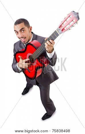 Businessman quitar player isolated on white