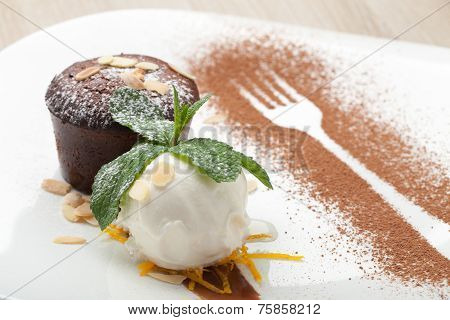 Warm Chocolate Cake Fondant With Ice-cream Ball, Almond, Mint, Citron