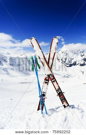 Skiing , mountains and ski equipments - ski vacation