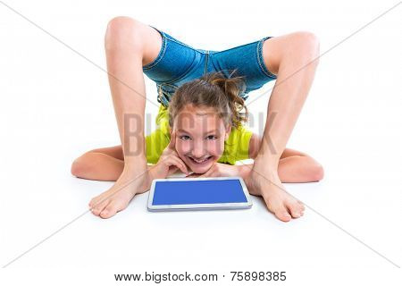Flexible contortionist kid girl thinking gesture with tablet pc on white background