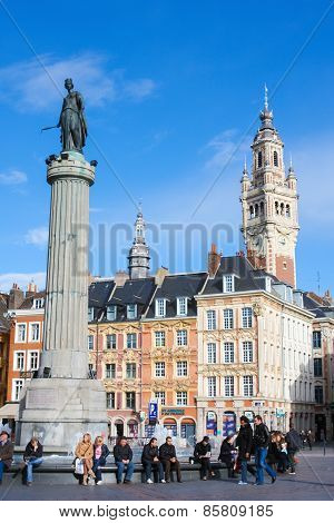 Chambre Of Commerce And Statue And Column Of Deesse (1845) In Lille, France.