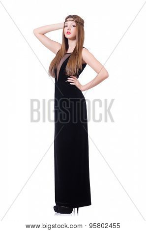 Young redhead girl in black long dress isolated on white