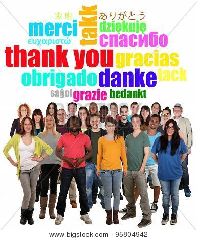 Large Multi Ethnic Group Of Young People Saying Thank You In Different Languages
