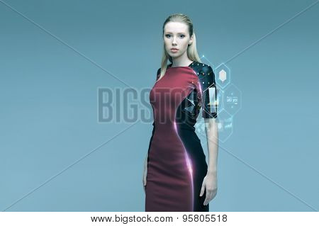 people, future technology and science concept - beautiful futuristic woman with virtual projection over gray background