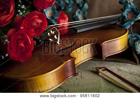 Violin And Bow With Flowers