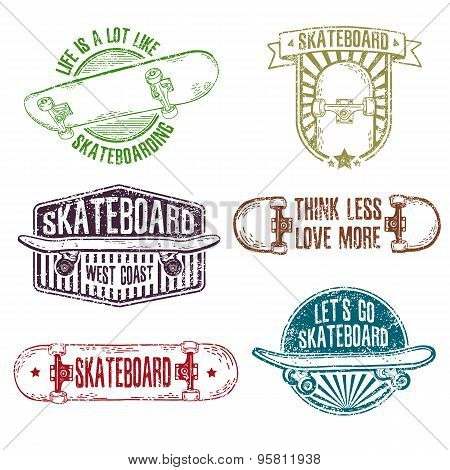 Set of vintage color logos, badges, badges, labels, stickers with skateboard and cap. Retro style. G