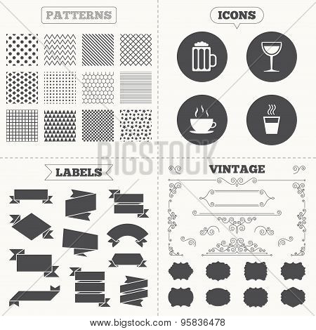 Drinks signs. Coffee cup, glass of beer icons.