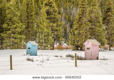Blue And Pink Outhouses