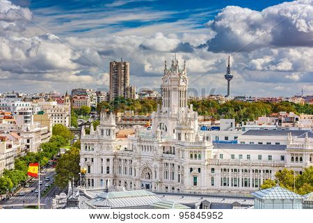 Madrid, Spain cityscape with Communication Palace and Torrespana Tower.