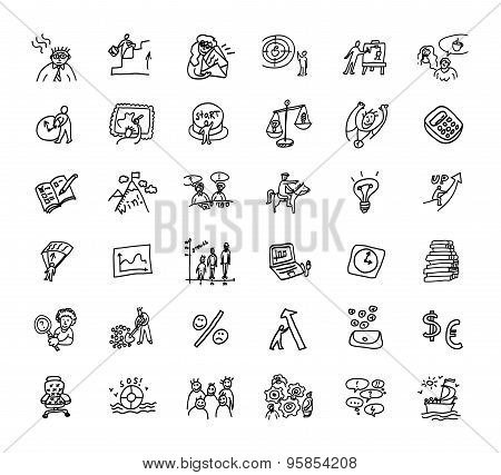 Doodles business icons set black and white