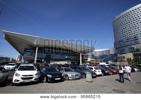 WARSAW, POLAND - SATURDAY, JUNE 6, 2015: A general exterior view of the main Polrail, PKP, train station in Warsaw.  