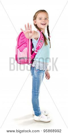 Smiling Schoolgirl With Backpack Saying Good Bye