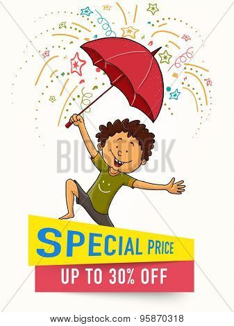 Stylish template, banner or flyer design with cute little boy under umbrella for Monsoon Season Sale.