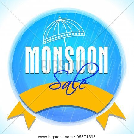 Creative Monsoon Sale sticky design with umbrella and blank golden ribbon on shiny background.