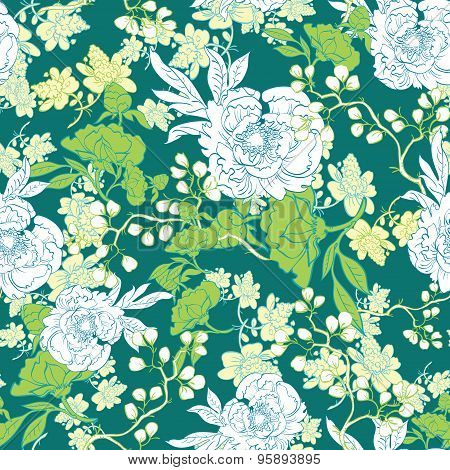 Vector Oriental Green Garden Seamless Pattern