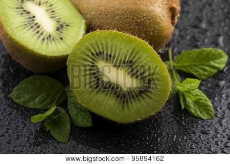 Juicy Kiwi Fruit And Freas Mint Leaves