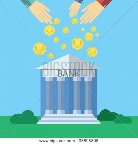 Flat Design Modern Vector Illustration Concept For Bank With Human Hands Dropping Money, On Color Ba