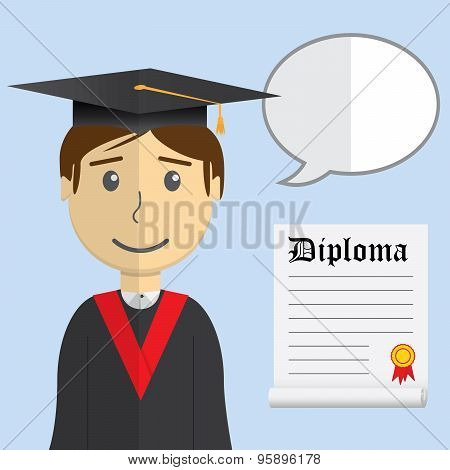 Flat Design Modern Vector Illustration Of Student In Graduation Gown With Diploma And Speach Buble O