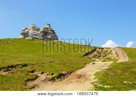 Bucegi Mountains Romania July 09 2015: Unidentified Tourists Visit Bucegi Mountains In Romania On Ju