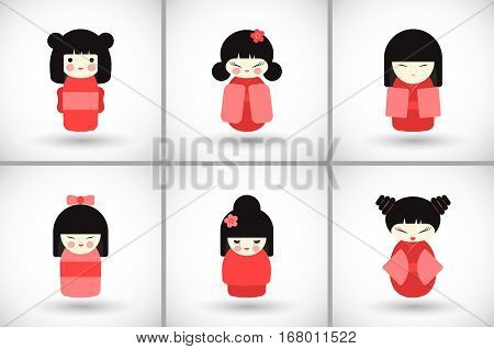 Kokeshi dolls set. Flat design icon collection of kawaii Japanese girls with round shadow. Vector illustration